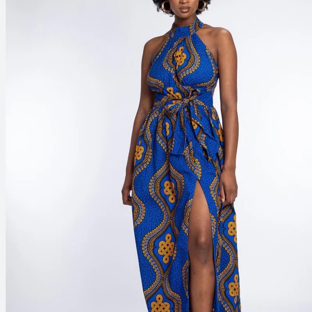 Blue Halter Maxi Dress with Gold Print